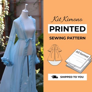 May include: A light blue sheer kimono robe with long flared sleeves and ruffled cuffs, displayed on a mannequin. The image includes text reading Kit Kimono PRINTED SEWING PATTERN, an A0 format icon, and a graphic of the garment's line drawing.