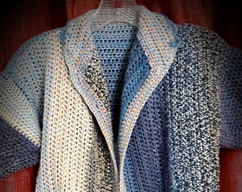 Hand Crochet Scalloped Shrug Bolero Crop Sweater Blue and Light Gray ONE SIZE S-XL