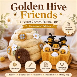 Virkat mönster med honungskaka i PDF-format, amigurumi till bikupa och bikupa, digitalt virkmönster, bidrottning, honungskakabo