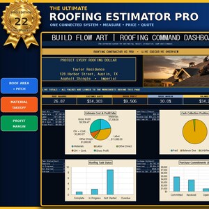 May include: A digital roofing estimator dashboard titled The Ultimate Roofing Estimator Pro. The interface displays project data for Taylor Residence, including financial charts, a pie chart for cost and profit, and bar graphs for task status.