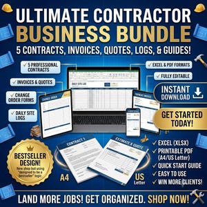 May include: Ultimate Contractor Business Bundle digital product set featuring 5 professional contracts, invoices, quotes, logs, and guides. Includes Excel and PDF formats, fully editable templates, and instant download options for A4 and US Letter sizes.