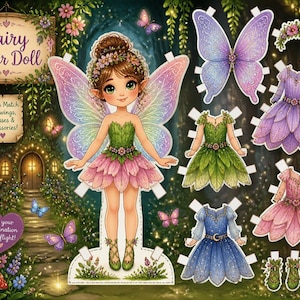 May include: A fairy paper doll set featuring a central doll with brown hair and green leaf clothing, accompanied by interchangeable purple wings, three distinct dresses in purple, green, and pink, a floral crown, a star wand, and green shoes.