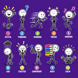 May include: A purple graphic featuring ten white stick figures with black outlines, each representing an emotion or action labelled with a number and text: 1 Joyful, 2 Thinking, 3 Running, 4 Proud, 5 Dancing, 6 Sad, 7 Excited, 8 Confident, 9 Busy, and 10 Calm.