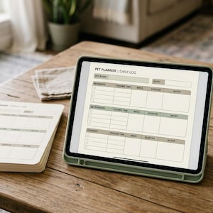 Könnte beinhalten: Ein digitales Tablet, das eine Pet Planner Tagesprotokoll-Vorlage anzeigt, mit Abschnitten für den Namen des Haustiers, das Datum sowie Zeitpläne für morgens, nachmittags und abends, inklusive Spalten für Fütterungszeiten, Medikamente, Bewegung und Notizen.