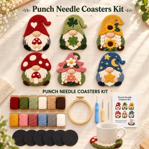 May include: A punch needle coaster kit featuring six gnome-themed designs with mushrooms, clovers, sunflowers, flowers, and stars. Includes colorful yarn spools, a wooden embroidery hoop, two needles, black felt backing circles, and an instruction card.