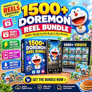 May include: A digital product bundle featuring 1500+ Doremon reels, displayed on a box, a smartphone, and a laptop screen. The graphics include the blue robotic cat character, various icons, and text such as 1500+ DOREMON REEL BUNDLE and GET THE BUNDLE NOW, presented in a bright, colorful promotional layout.
