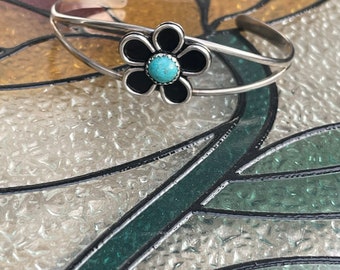 Turquoise and silver flower cuff bracelet