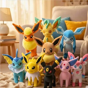 May include: A collection of eight plush toys representing various fictional creatures. The group includes characters with distinct features such as large pointed ears, fluffy collars, and varied colour schemes including orange, yellow, blue, black, and pink.