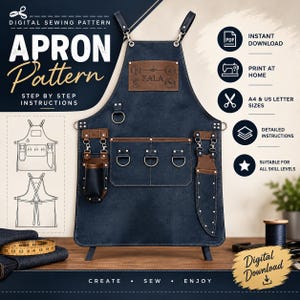 Könnte beinhalten: Eine dunkelblaue Schürze aus Segeltuch mit braunen Lederakzenten, mehreren Taschen, D-Ringen aus Metall und einem zentralen Lederaufnäher mit der Prägung FALA. Das Design umfasst verstellbare Riemen, Metallnieten und ein Werkzeugholster, präsentiert als digitales Schnittmuster mit Schritt-für-Schritt-Anleitung.