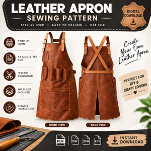 Könnte beinhalten: Ein digitales Schnittmuster für eine braune Lederschürze mit Vorder- und Rückansicht. Die Schürze verfügt über verstellbare Riemen, mehrere Taschen und einen geschlitzten Saum. Die Grafik enthält den Text: LEATHER APRON SEWING PATTERN, DIGITAL DOWNLOAD.