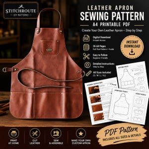 Könnte beinhalten: Eine braune Lederschürze mit einer Brusttasche und drei unteren Taschen, ausgestattet mit Metallnieten und verstellbaren Riemen. Das Bild enthält Text: STITCHROUTE DIY PATTERNS, LEATHER APRON SEWING PATTERN, A4 PRINTABLE PDF und Montageanleitungen.