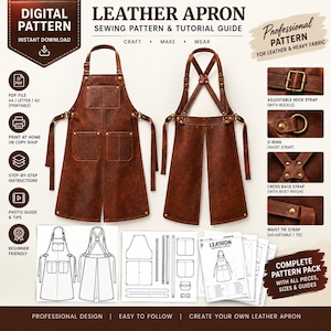May include: A digital sewing pattern for a brown leather apron, featuring front and back views, adjustable straps with buckles, D-rings, and rivet details. Includes printable PDF files, step-by-step instructions, and a complete pattern pack.