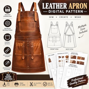 May include: A brown leather apron digital pattern featuring a front view with a chest pocket and two lower pockets, adjustable straps with buckles, and metal rivets. Includes text: LEATHER APRON DIGITAL PATTERN, SEW, CREATE, WEAR, Multiple Sizes Included, FRONT VIEW, BACK VIEW, SIZE CHART, MATERIALS & TOOLS, STEP BY STEP INSTRUCTIONS, PRINTABLE PATTERN PAGES, Professional Quality Pattern.