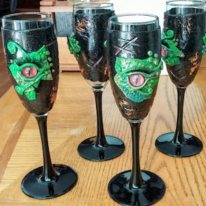 Creepy Dragon Eye Champagne Flutes with Black Glass Set of 4