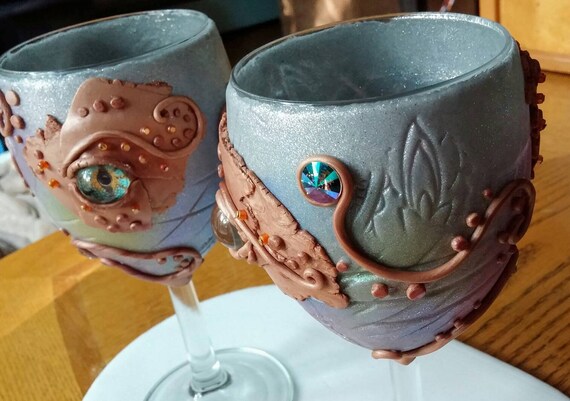 Chameleon Creepy Eye Goblet Pair-wine glass set. Unique wine