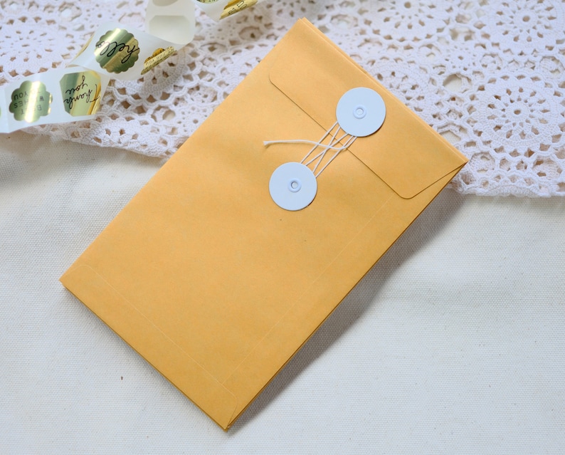 May include: A brown envelope with white string and two white buttons. The envelope is closed and lying flat on a white surface.