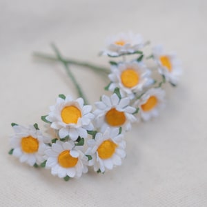 May include: A bunch of small white paper daisies with yellow centres. The daisies are attached to green stems.