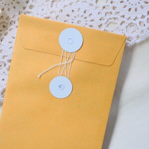 May include: A brown envelope with white string and two white round buttons.