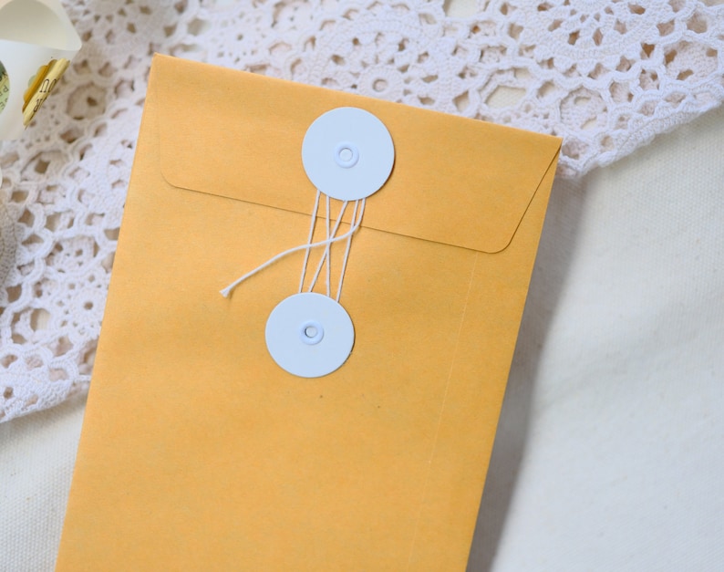 May include: A brown envelope with white string and two white round buttons.
