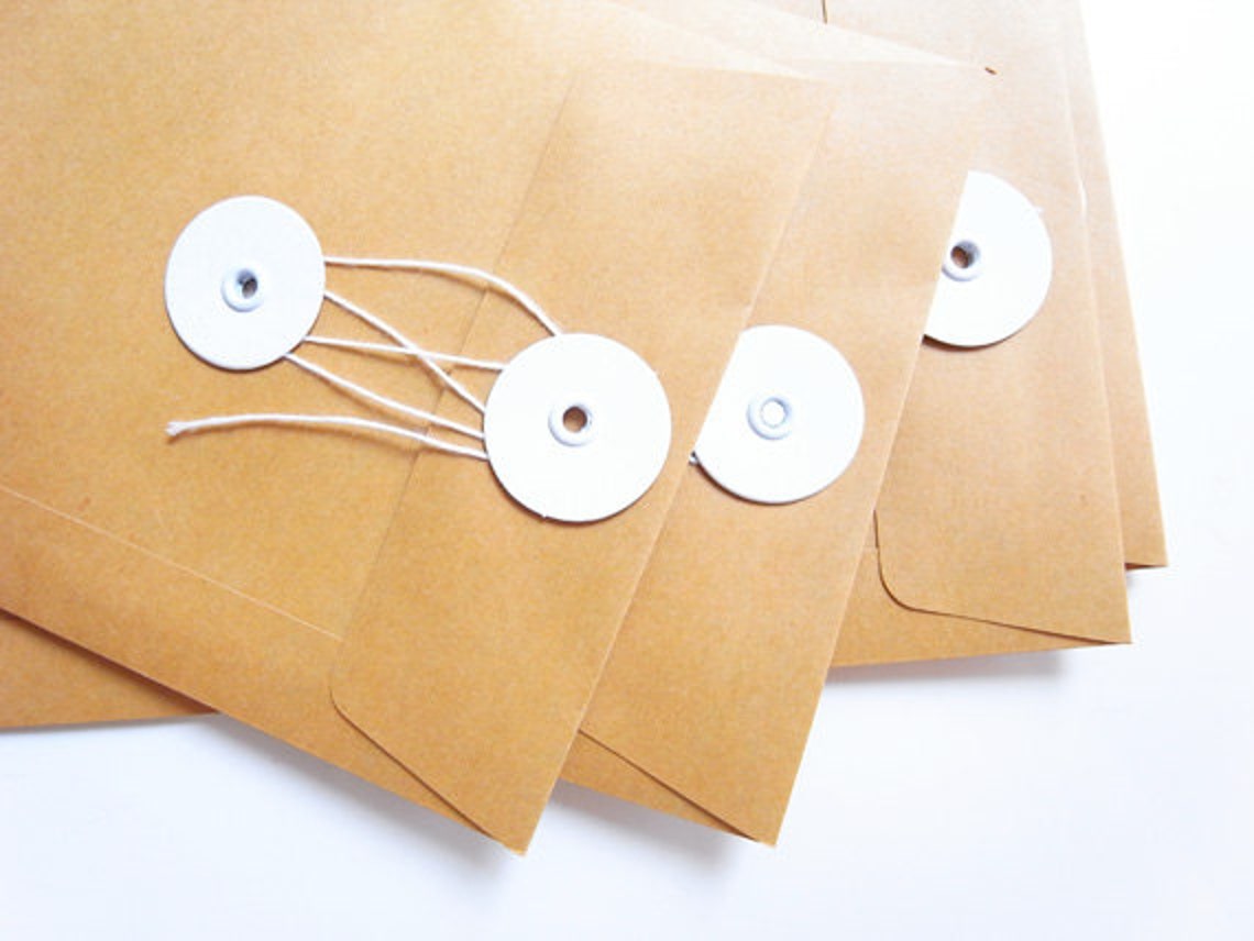 Set of 5 Brown Kraft String & Tie Envelope, Button Closure Envelopes
