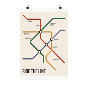 May include: A vertical poster featuring a stylized transit map with red, green, blue, and gold lines on a cream background. The text RIDE THE LINE appears at the bottom, with labels including LIBRARY, CLINIC, COMMUNITY GARDEN, NIGHT BUS, RIVER TRAIL, TRANSFER, SCHOOL, and POLLING SITE.