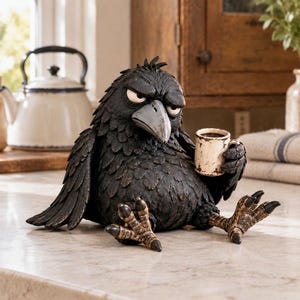 May include: A black crow figurine with a textured feather design, a gray beak, and a grumpy facial expression. The crow is sitting in a reclined position, holding a small, distressed white mug filled with a dark liquid in its wing.