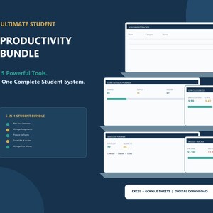 May include: A digital student productivity bundle featuring five tools: an assignment tracker, exam revision planner, GPA calculator, semester planner, and budget tracker. The dark blue interface displays text including Ultimate Student Productivity Bundle.