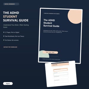 Może przedstawiać: Cyfrowy zeszyt ćwiczeń zatytułowany The ADHD Student Survival Guide, z ciemnoniebieską okładką oraz brzoskwiniowymi i szałwiowo-zielonymi okrągłymi akcentami. Tekst zawiera Understand Your Brain. Make Starting Easier, 27 Pages oraz Read-Write-Reset. Poniżej widoczna jest przykładowa strona.