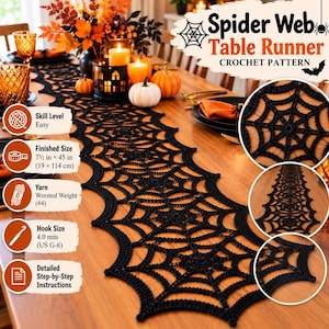 Może przedstawiać: Czarny szydełkowy bieżnik na stół z wzorem pajęczyny. Tekst zawiera Spider Web Table Runner CROCHET PATTERN, Skill Level Easy, Finished Size 19 cm x 114 cm, Yarn Worsted Weight #4, Hook Size 4.0 mm oraz Detailed Step-by-Step Instructions.