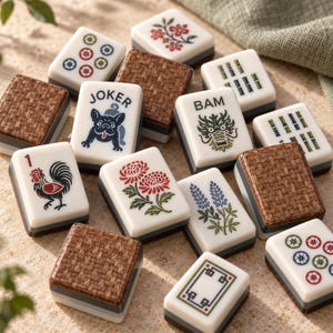 May include: A collection of rectangular mahjong tiles featuring white faces with colorful illustrations of a rooster, flowers, a dragon, bamboo, and a French bulldog labeled JOKER, alongside tiles with brown woven-textured backs and dark bases.