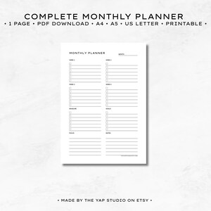 Complete Monthly Planner Printable | Weekly Tasks, Goals & Deadlines | PDF A4 A5 Letter