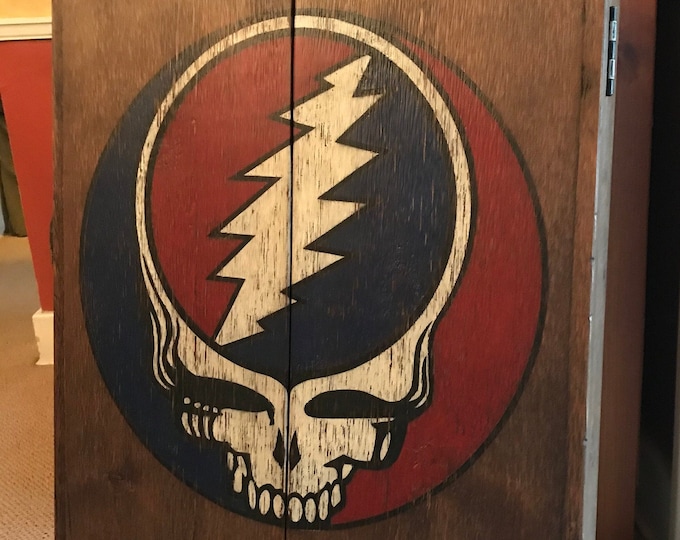 Rustic Dartboard Cabinet with Custom Hand-Painted Graphics