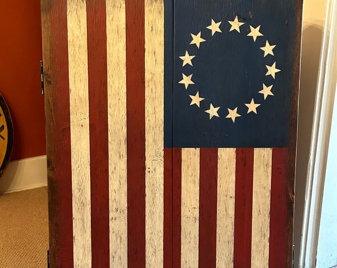 Rustic Dartboard Cabinet with Betsy Ross US Flag