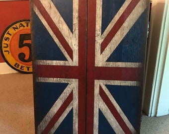 Rustic Dartboard Cabinet with Hand Painted British Flag