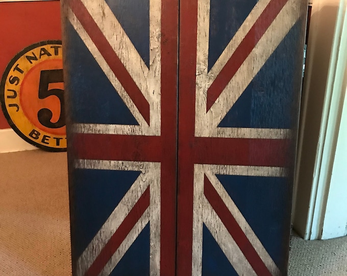 Rustic Dartboard Cabinet with Hand Painted British Flag