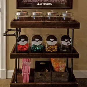 Rustic Home Theater Candy Cart with Industrial Metal Piping
