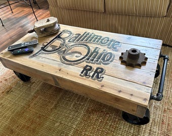 Industrial Railroad Coffee Table Cart, Baltimore & Ohio RR