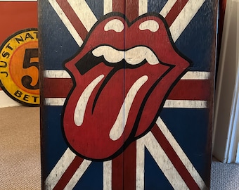 Rustic Dartboard Cabinet with Hand Painted Rolling Stones/UK Graphic