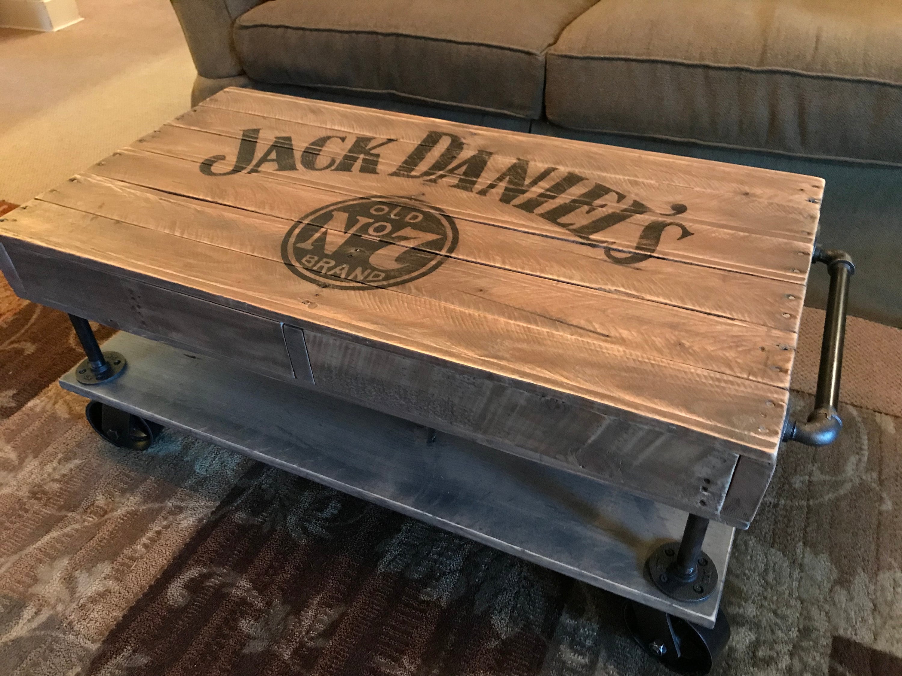 Jack Daniels Industrial Railroad Coffee Table Cart With Shelf