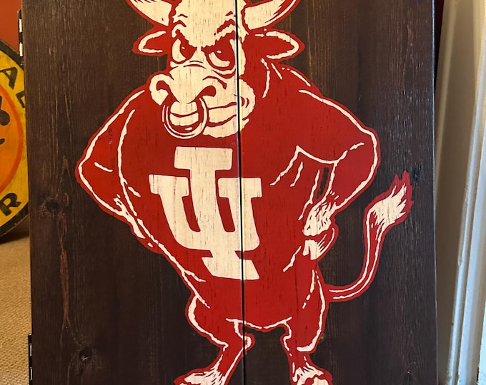 Rustic Dartboard Cabinet with Custom Hand-Painted College Team Logo Graphics