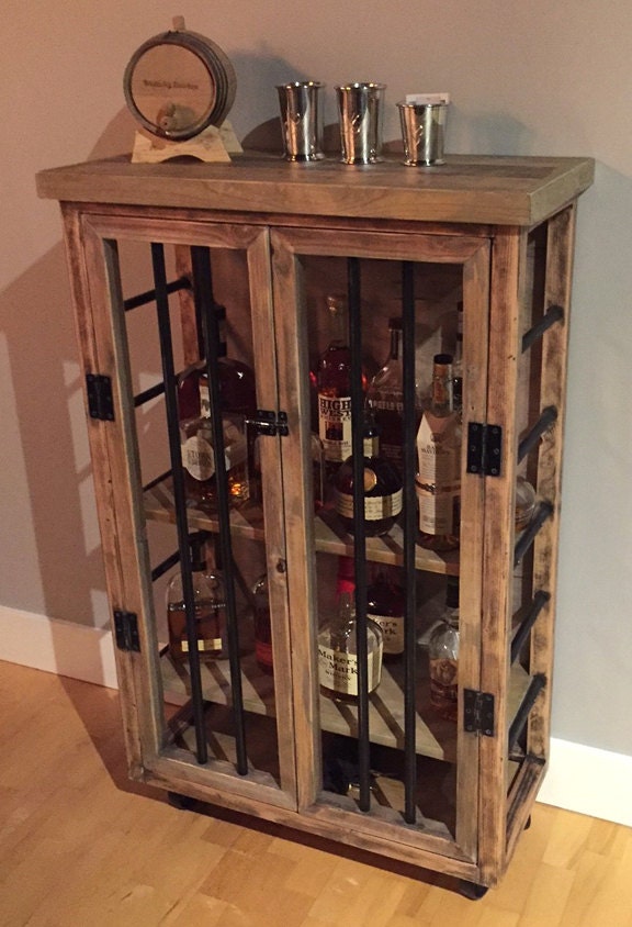Liquor Cabinet Rustic Iron And Wood With Natural Distressed Finish