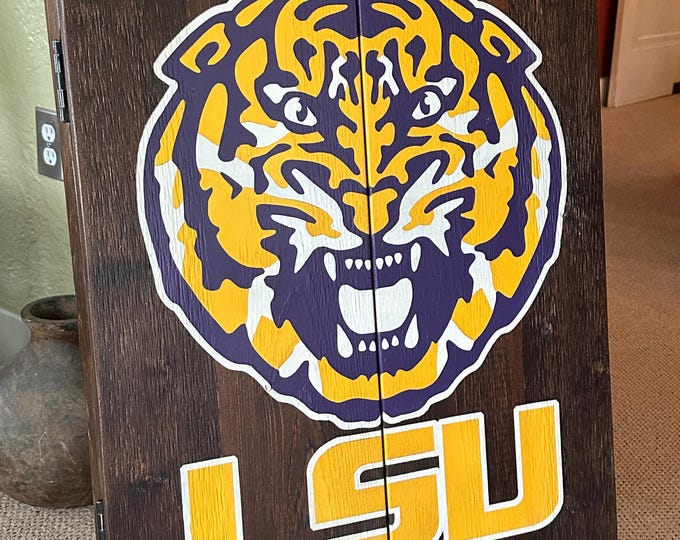 Rustic Dartboard Cabinet with Custom Hand-Painted College Team Logo Graphics