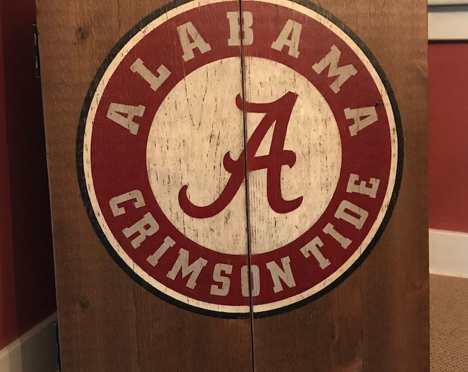 Rustic Dartboard Cabinet with Custom Hand-Painted College Team Logo Graphics