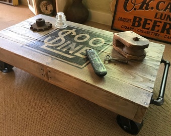 Industrial Railroad Coffee Table Cart, SOO Line RR