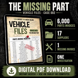 May include: A digital PDF download titled The Missing Part Vehicle Files Case 002. The image displays a tablet screen showing a parts invoice register with 6,000 invoices, 17 suppliers, 1 missing invoice, and one investigation listed as text.