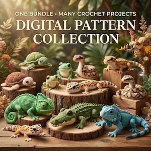 May include: A digital pattern collection featuring various crocheted reptiles and amphibians, including turtles, frogs, snakes, a chameleon, a crocodile, and an iguana. The text reads: ONE BUNDLE • MANY CROCHET PROJECTS DIGITAL PATTERN COLLECTION.