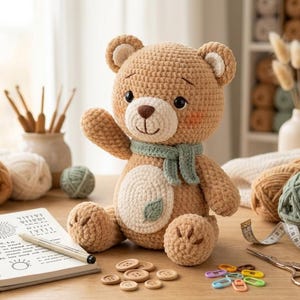 Puede incluir: Un oso de peluche tejido a ganchillo en color marrón claro con vientre crema, un pequeño parche de hoja verde y una bufanda verde salvia. El oso tiene ojos oscuros, nariz bordada y está sentado entre ovillos, un cuaderno, botones y herramientas.