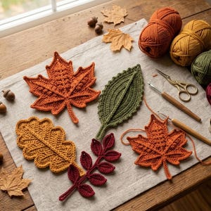 Könnte beinhalten: Eine Sammlung von fünf gehäkelten Herbstblättern in Orange, Gelb, Grün und Burgunderrot, begleitet von vier Garnknäueln, zwei Holzhäkelnadeln, einer goldenen Schere und einem kleinen Maßband auf einer hellen Stoffunterlage.