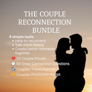 Op de afbeelding: De Couple Reconnection Bundle bevat 4 eenvoudige hulpmiddelen: 10 koppelrituelen, 50 vragen voor een diepe verbinding, een reisplanner voor koppels en een script voor conflictoplossing. De tekst staat over een silhouet van twee omhelzende mensen.