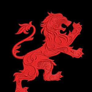 May include: A red embroidered lion with intricate details, standing on its hind legs with its head turned to the side and its mouth open in a roar.
